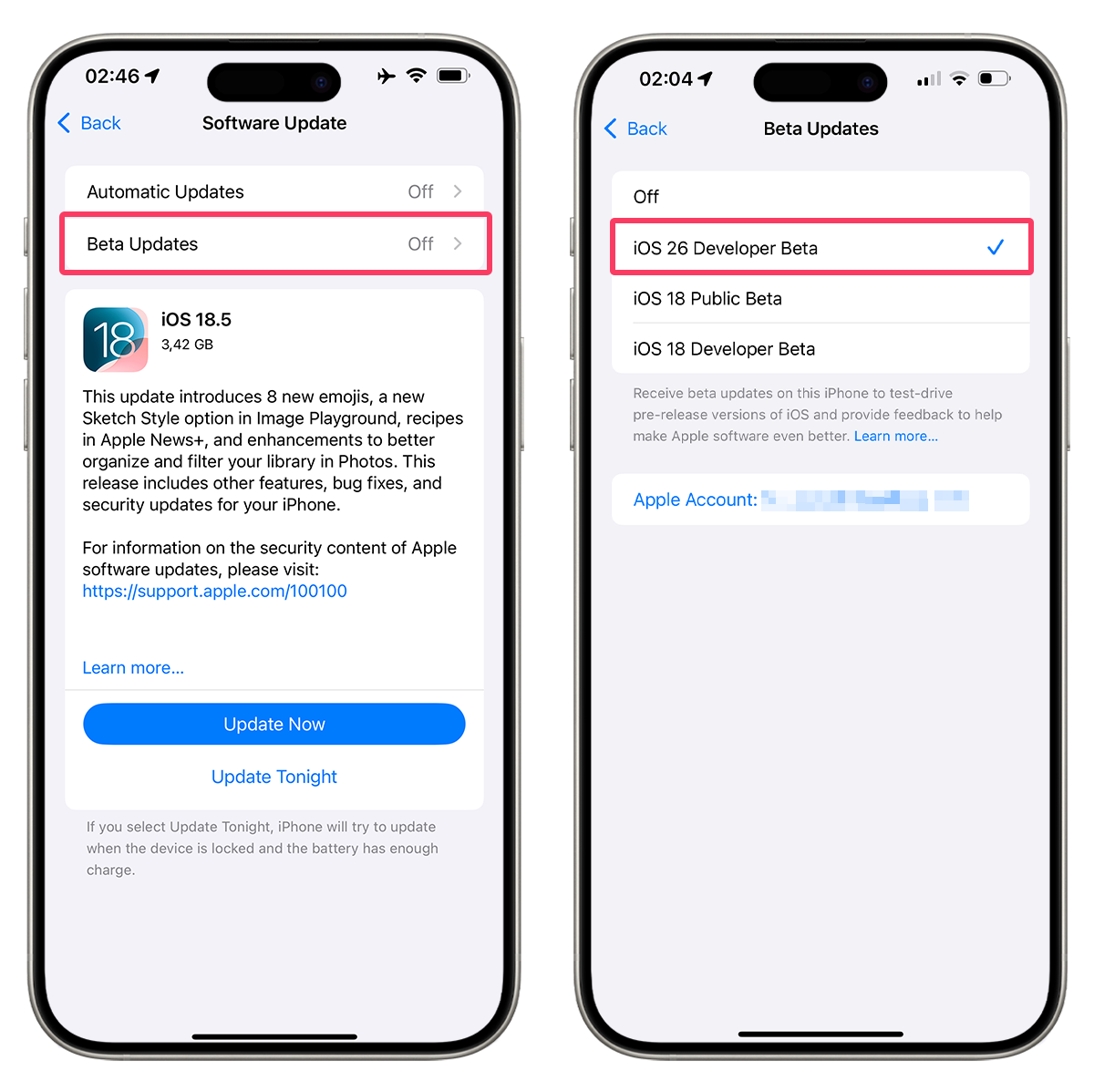 Choose iOS 26 Developer Beta option in Settings
