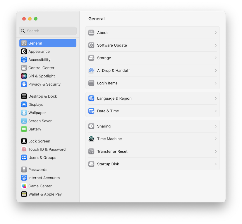 General pane in macOS System Settings