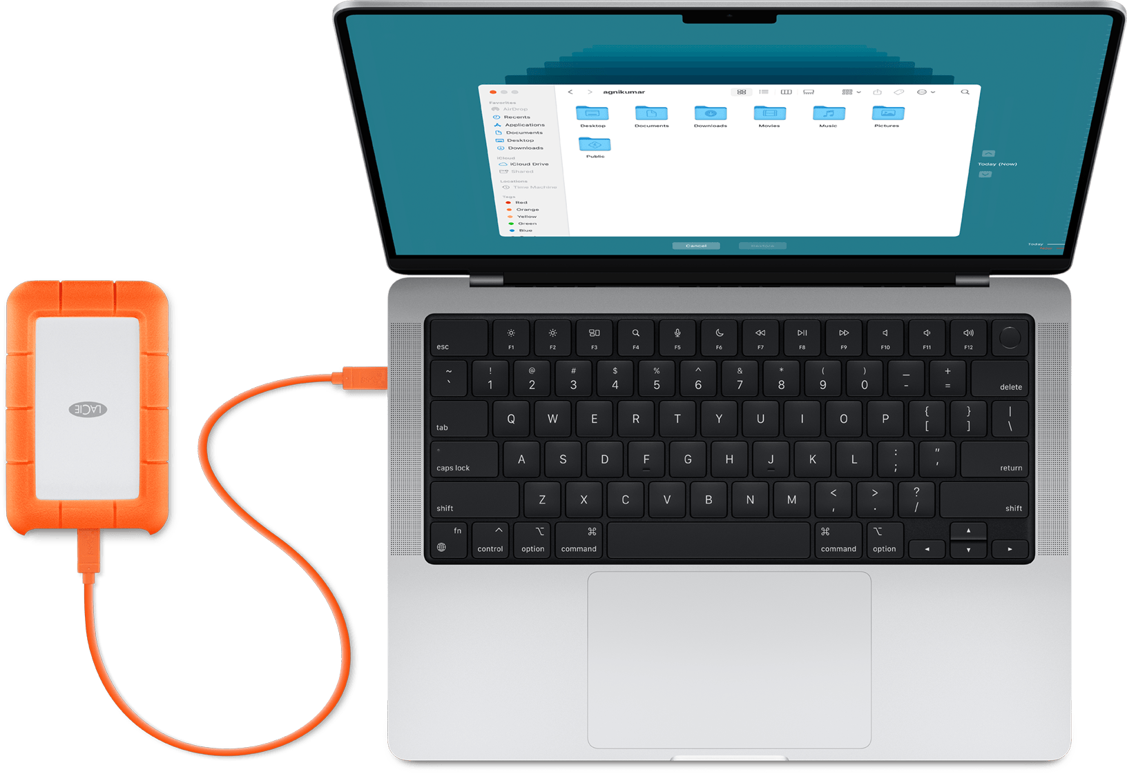 External hard drive Lacie connected to a MacBook Pro.