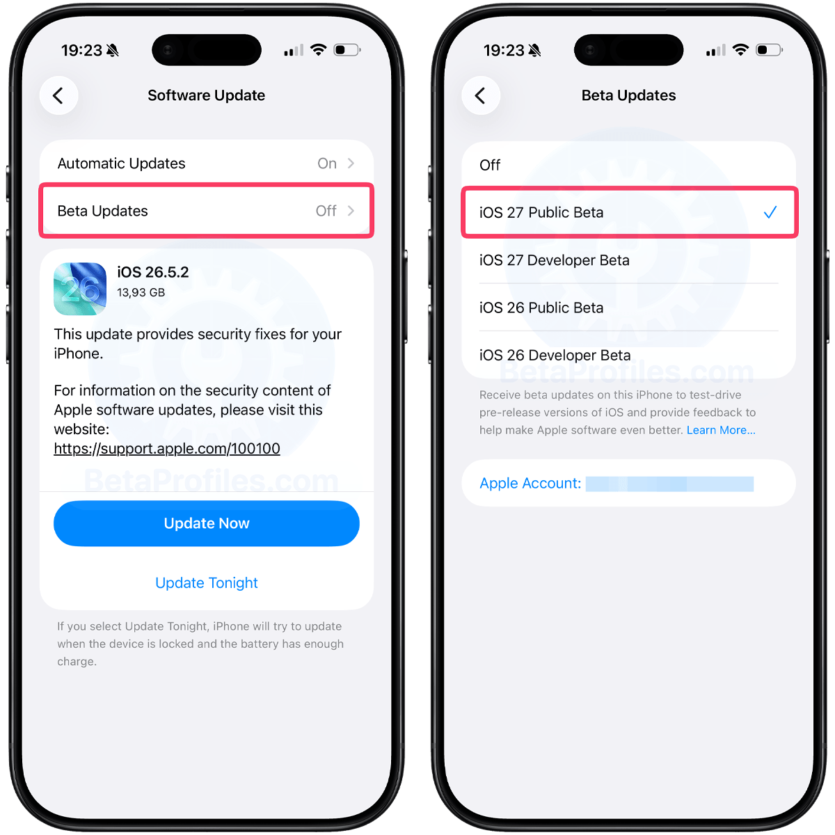 iPhone Software Update settings showing Beta Updates, with iOS 27 Public Beta selected in the Beta Updates menu.