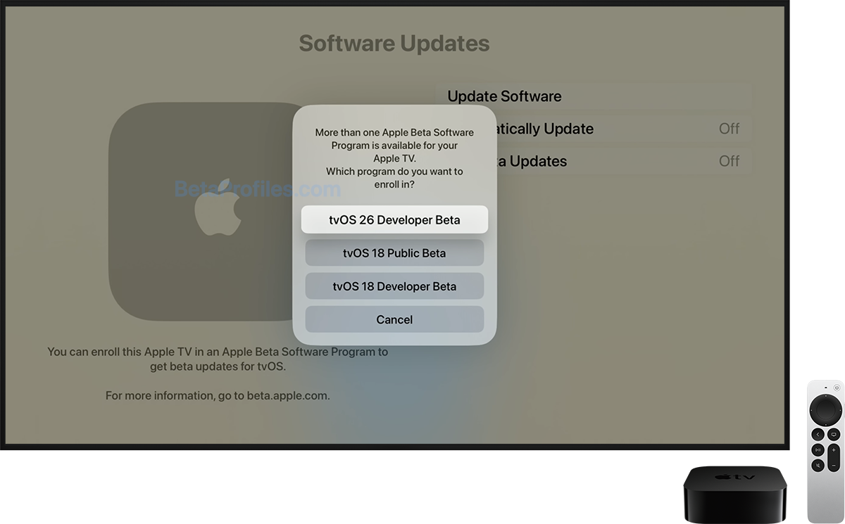 A TV screen displaying a pop-up window with tvOS 26 Developer Beta selected.