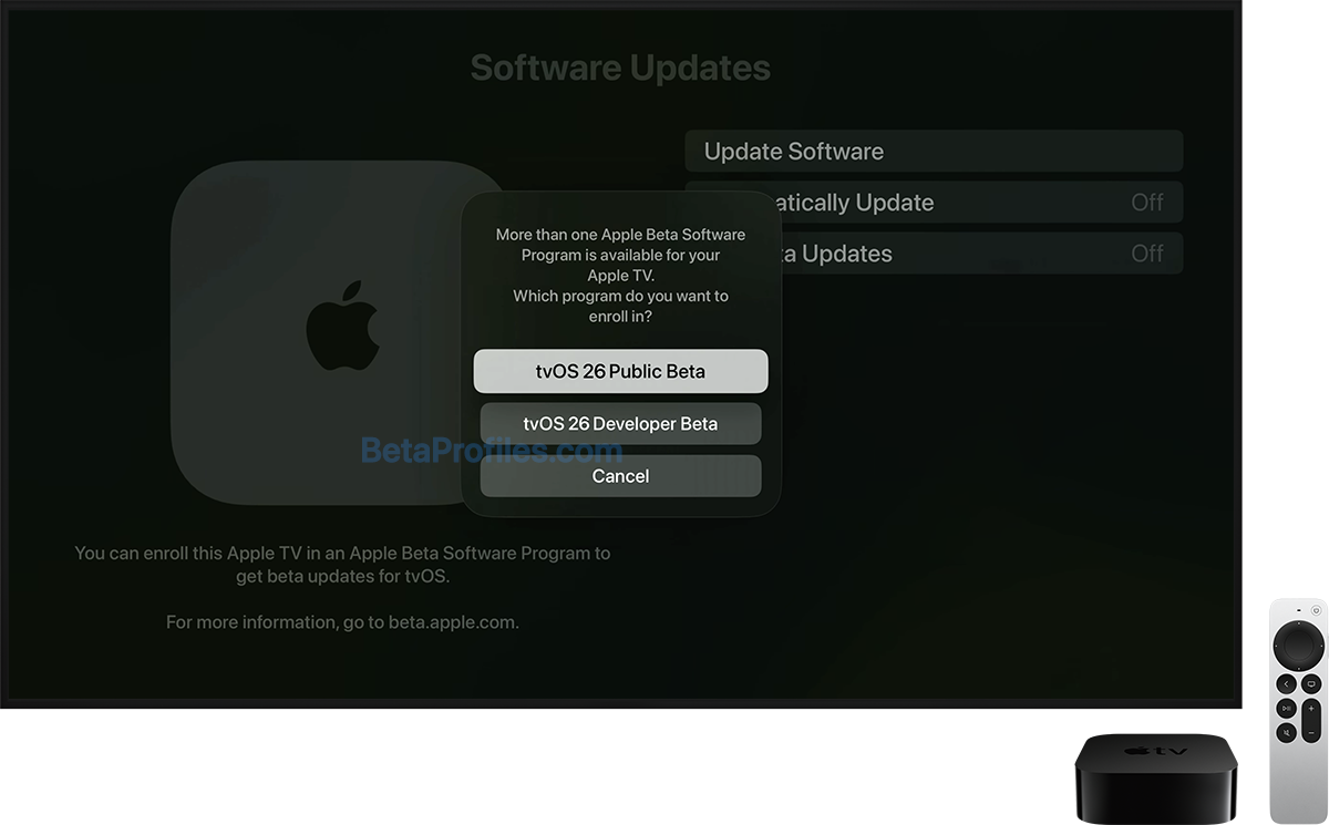 A TV screen displaying a pop-up window with tvOS 27 Public Beta selected.
