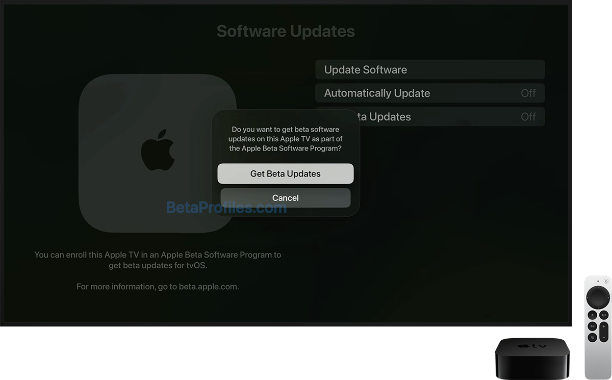 A TV screen displaying a pop-up window with Get Beta Updates selected.