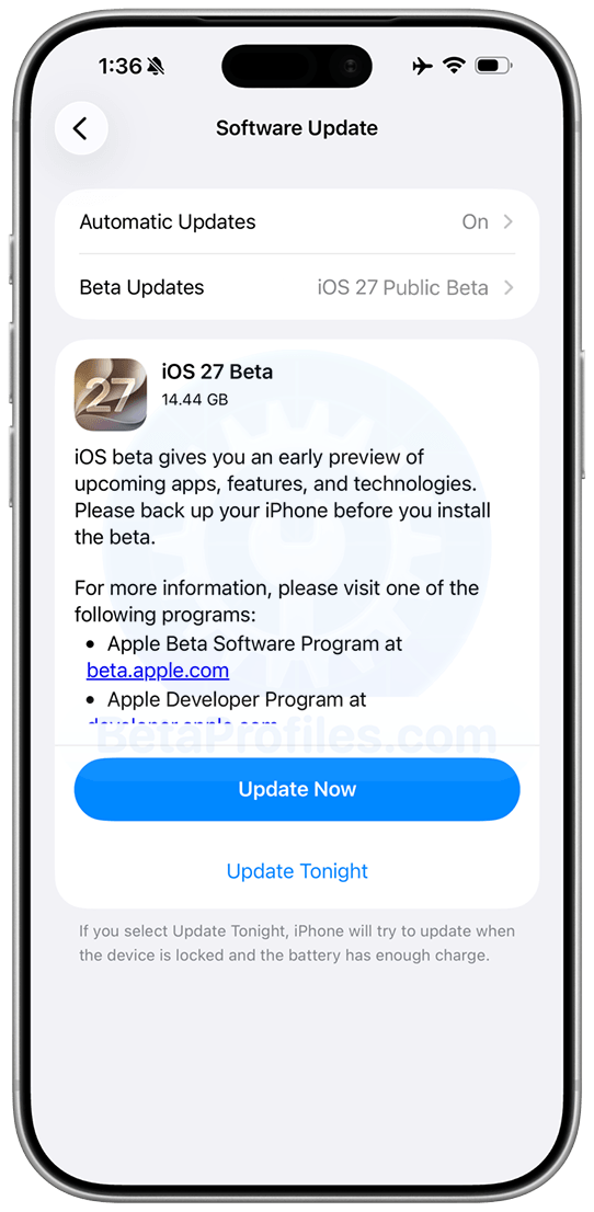 iPhone Software Update screen showing the iOS 27 public beta update with the Update Now button.
