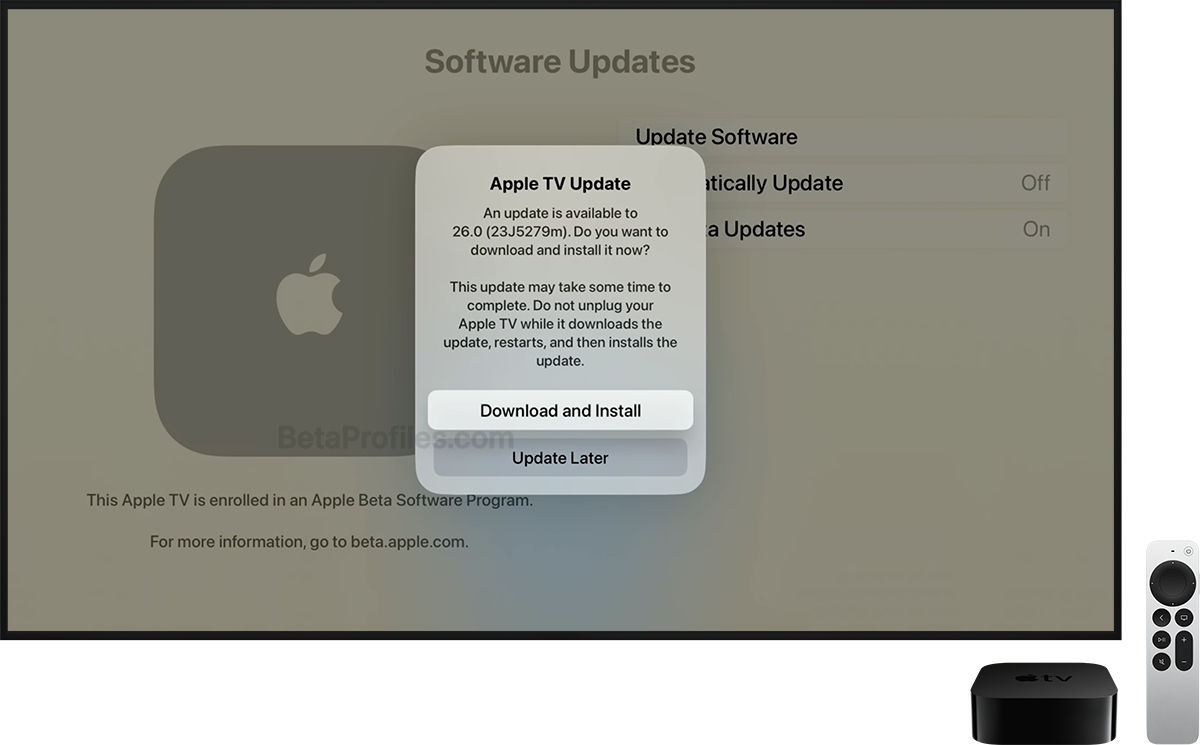 A TV screen displaying the Apple TV Updates pop-up window with Download and Install selected.