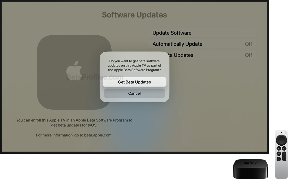 A TV screen displaying a pop-up window with Get Beta Updates selected.