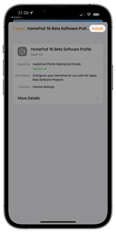 HomePod Sofware version 16 profile install