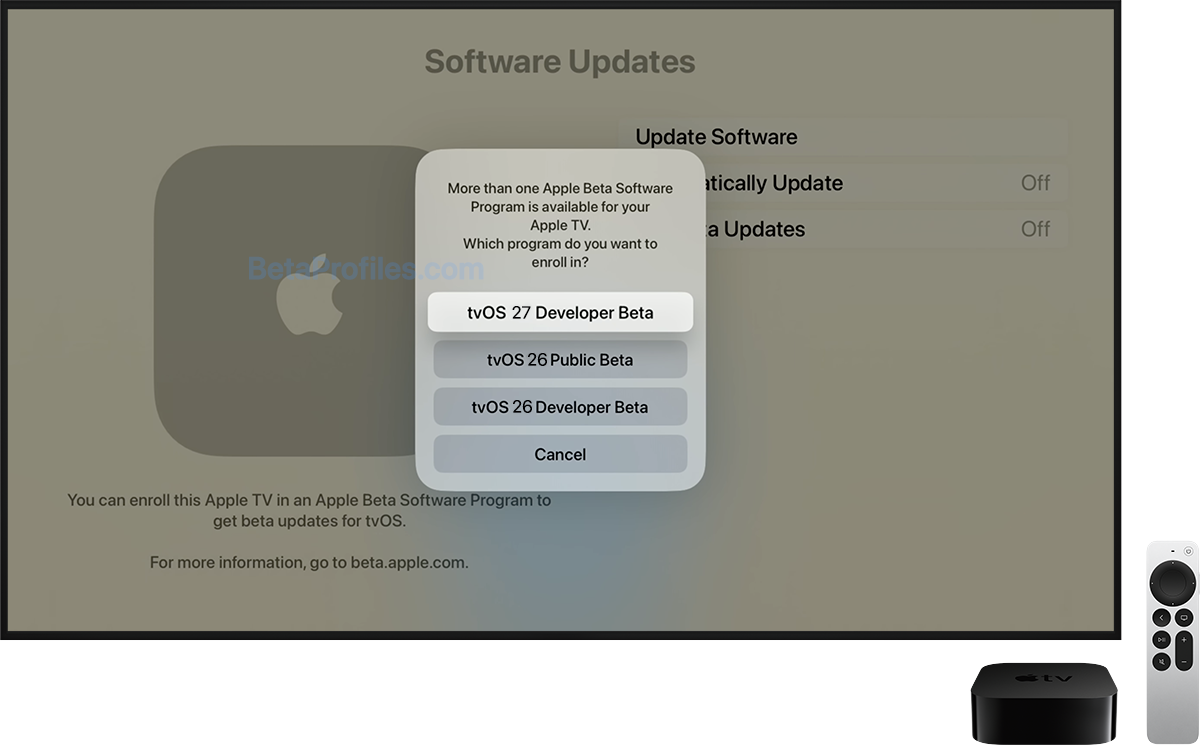 A TV screen displaying a pop-up window with tvOS 27 Developer Beta selected.