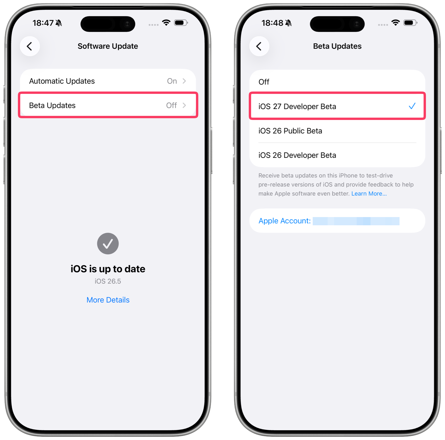 Two iPhone screens showing Software Update settings, with Beta Updates selected on the first screen and iOS 27 Developer Beta highlighted on the second.