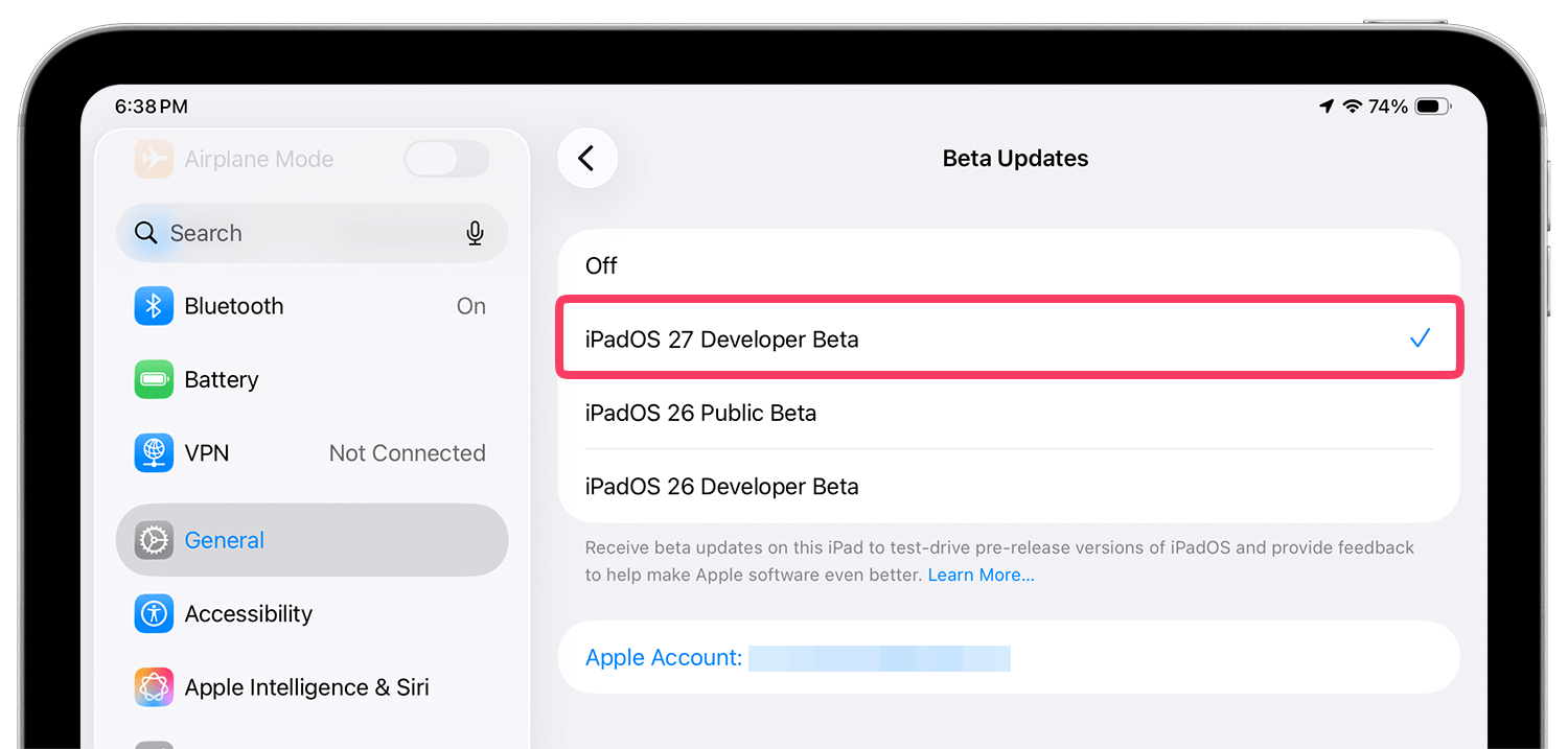 iPad screen showing the Beta Updates page with iPadOS 27 Developer Beta highlighted.