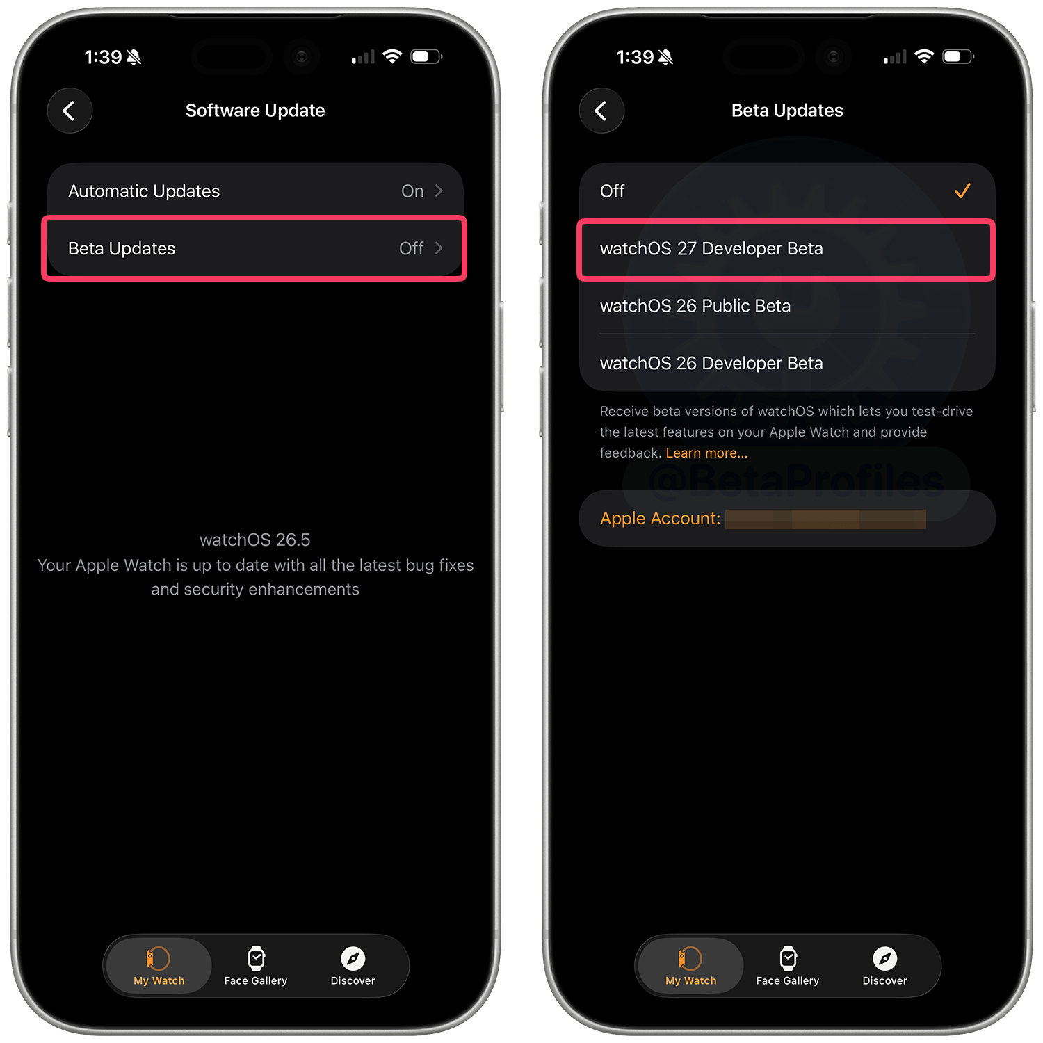 Software Update screen on iPhone with Beta Updates highlighted, next to a view of the Beta Updates page with watchOS 27 Developer selected.