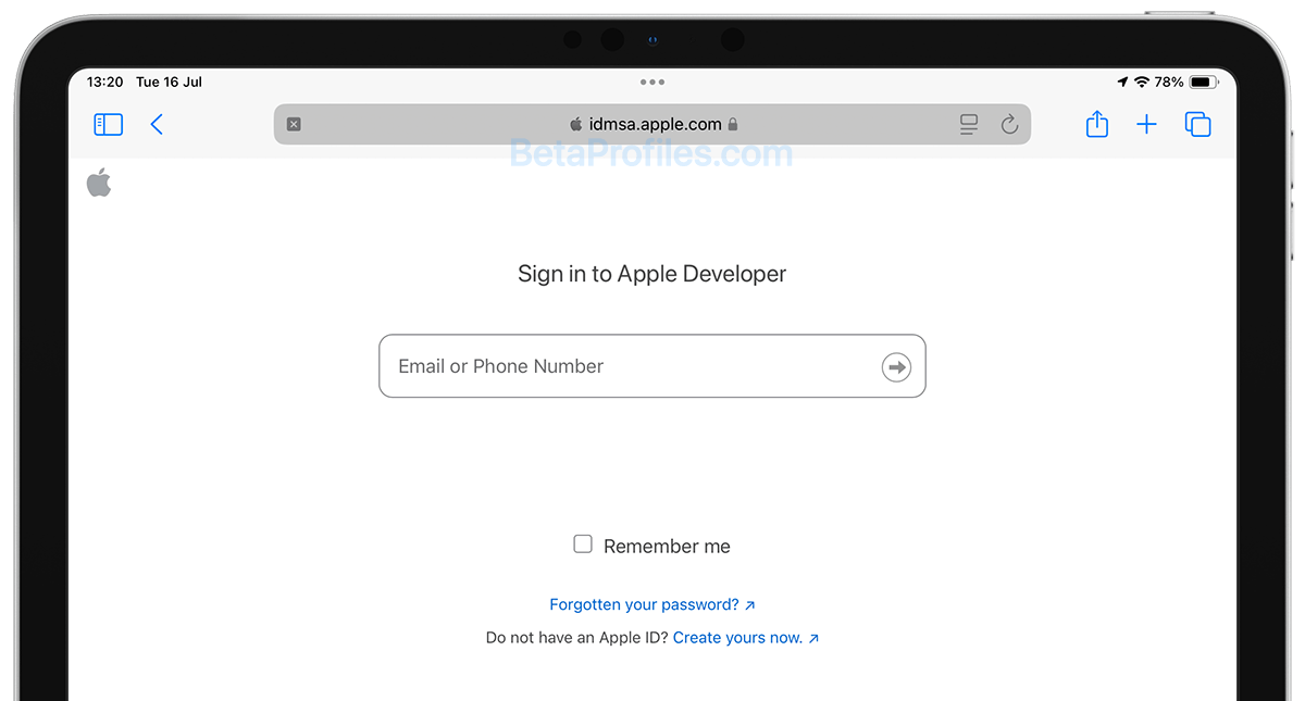 Apple Developer sign-in page showing the email or phone number field.