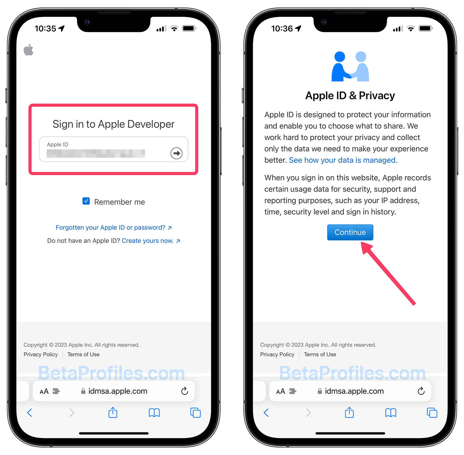     An iPhone screen showing the Apple Developer sign-in page with the Apple Account field selected.