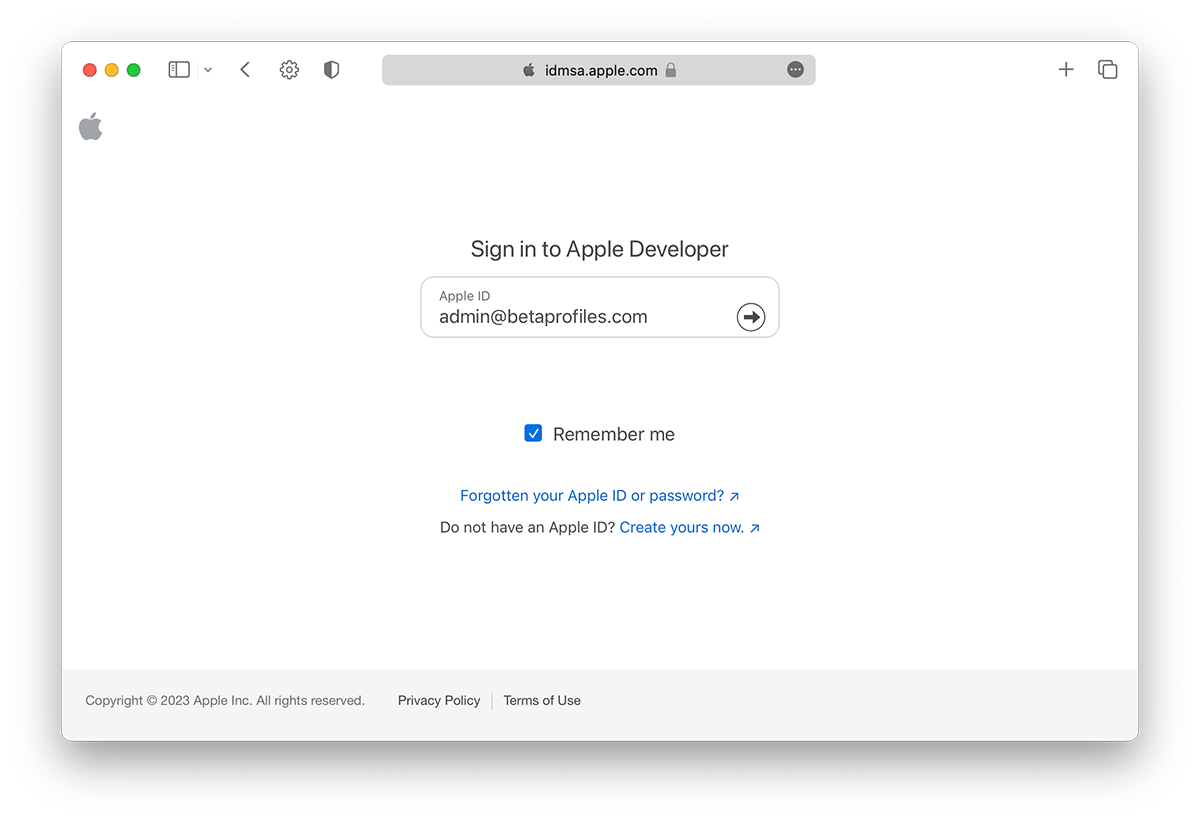 A Safari window on Mac displaying the “Sign in to Apple Developer” page with the Apple Account field.