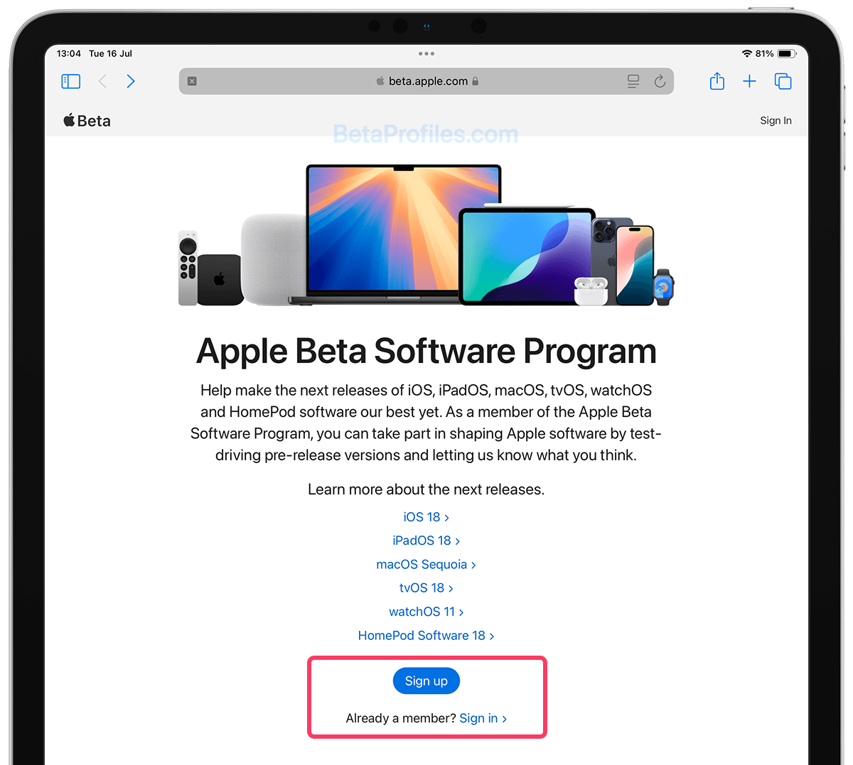 The beta.apple.com website showing Sign Up and Sign In options.
