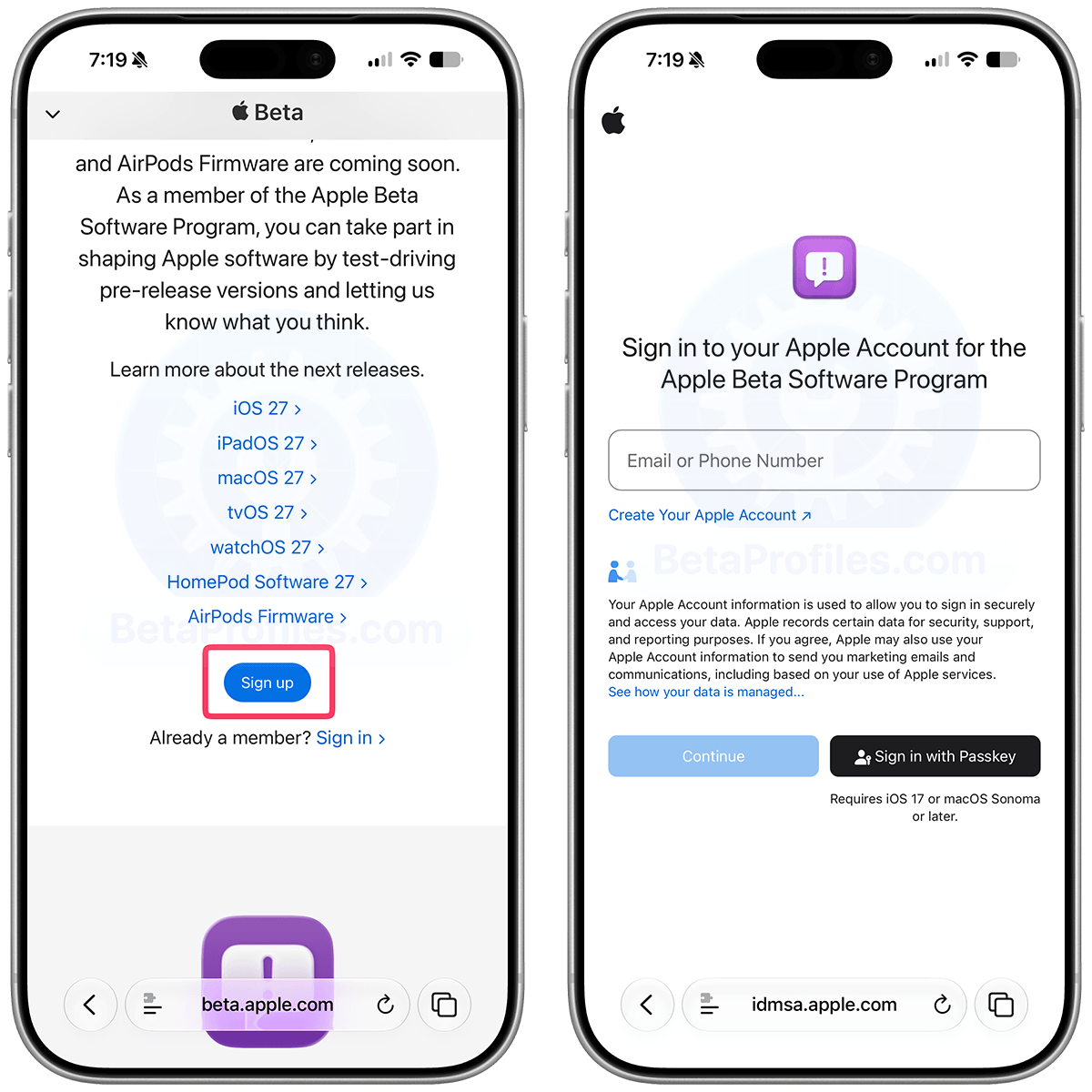 Left iPhone screen shows the beta.apple.com website with Sign Up and Sign In buttons, while the right iPhone screen shows the Email or Phone Number field on the sign-in page.