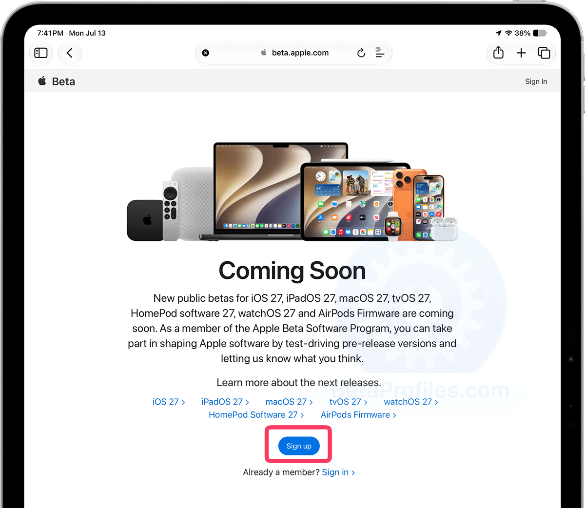 The beta.apple.com website showing Sign Up and Sign In options.
