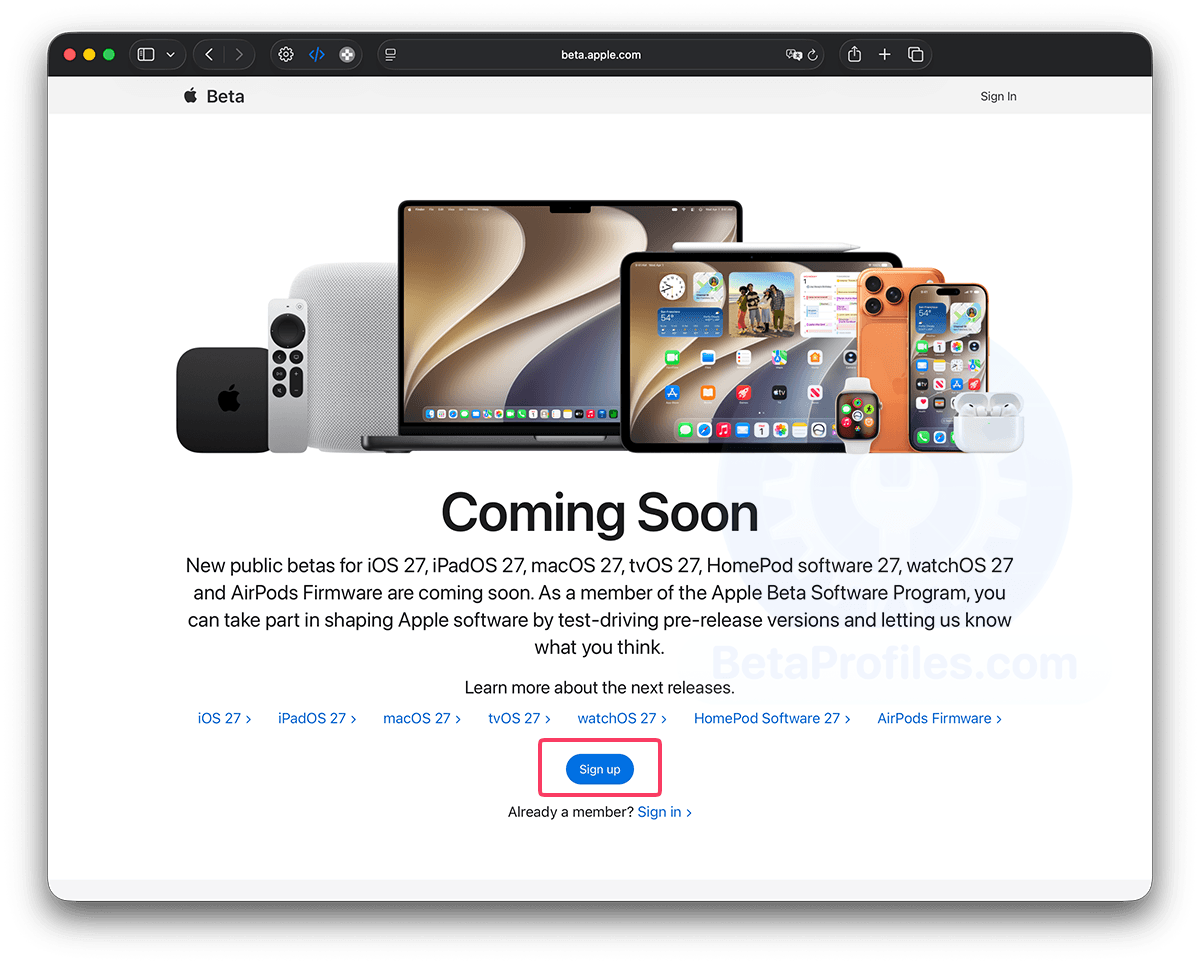 Safari window showing the Apple Beta Software Program page.