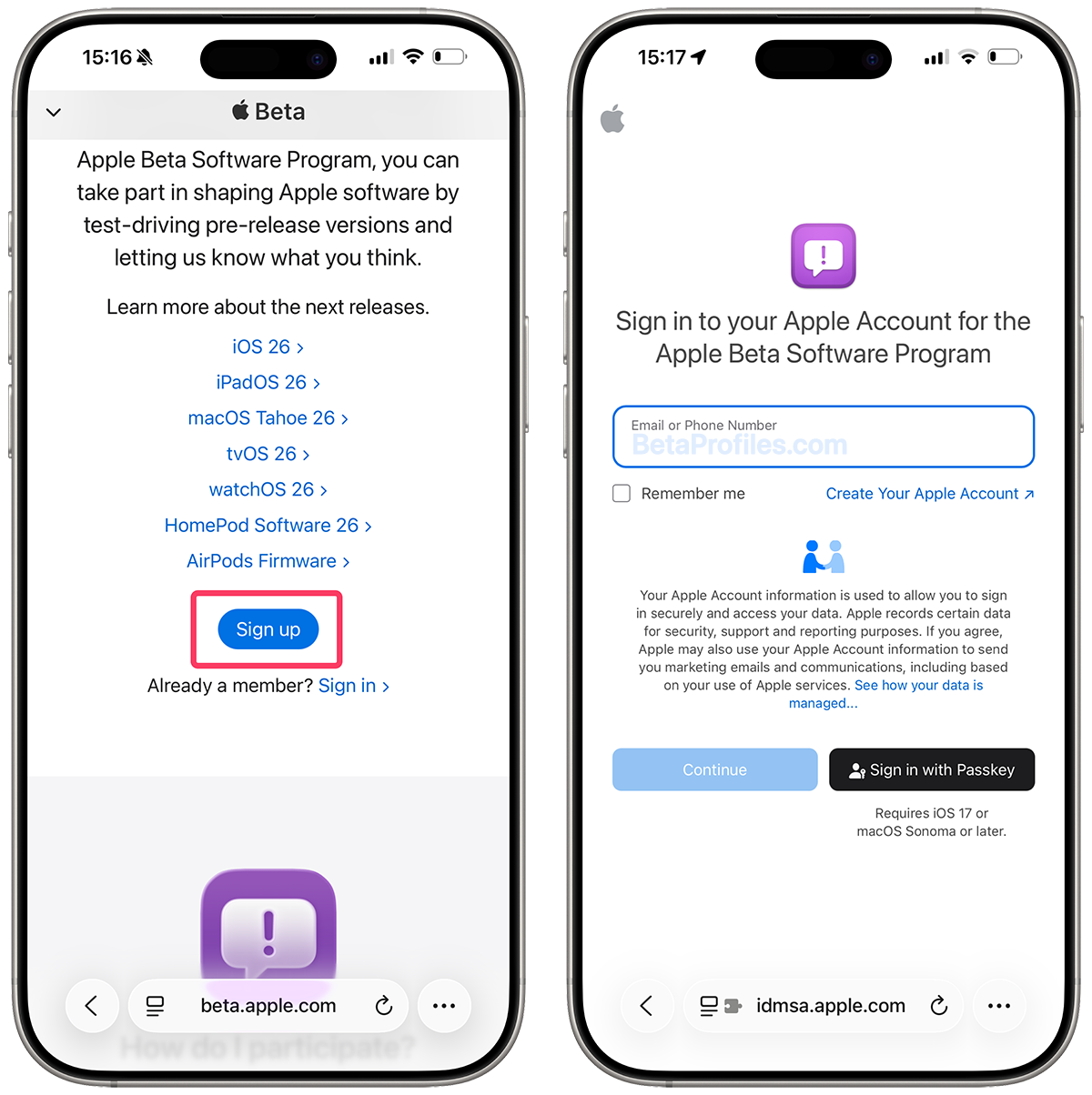 Left iPhone screen shows the beta.apple.com website with Sign Up and Sign In buttons, while the right iPhone screen shows the Email or Phone Number field on the sign-in page.
