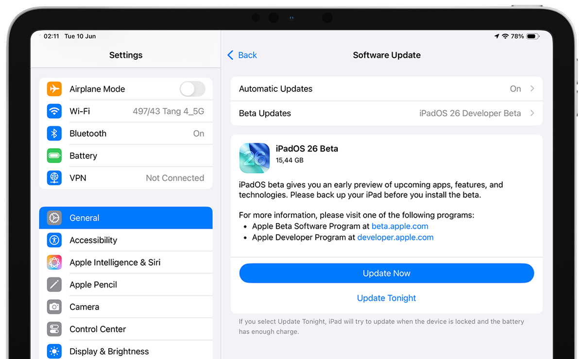 iPad Software Update screen showing iPadOS 26 beta update with the Update Now button.